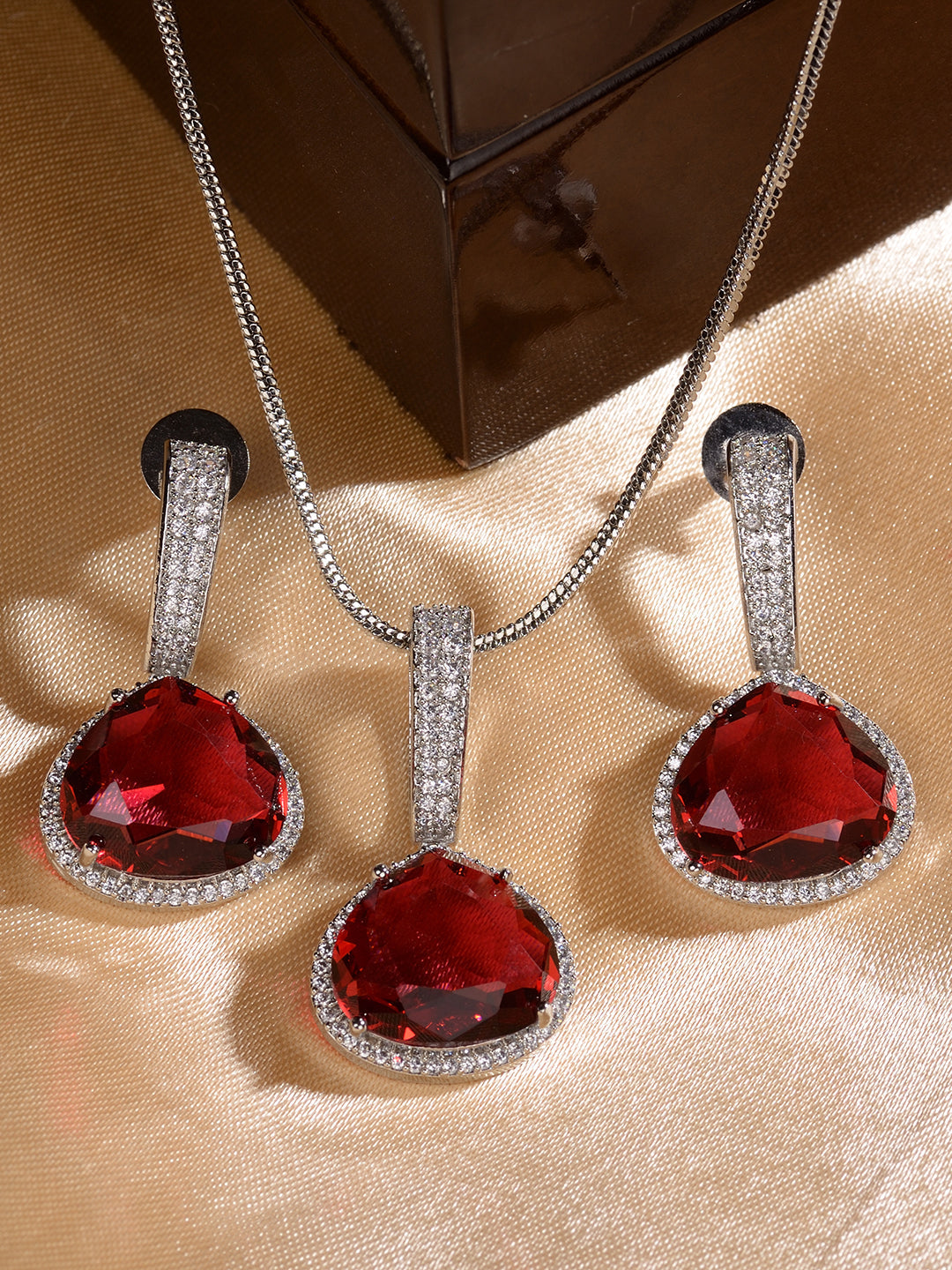 Silver Toned Red AD studdeed Elegant Pendant Earrings Locket Jewellery Set, zaveri pearls, sale price rs, sale price, sale gold plated, sale gold, sale, rubans, ring, regular price, priyassi
